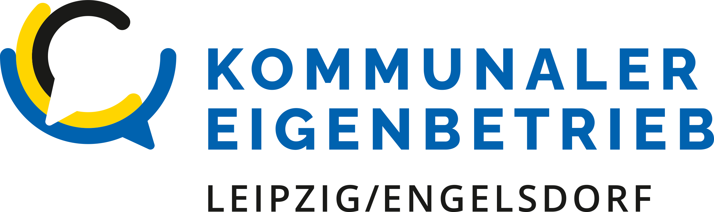 Drei halboffene, ineinanderliegende Ringe in schwarz, gelb und blau. Dazu der Schriftzug Kommunaler Eigenbetrieb Leipzig/Engelsdorf
