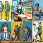 Illustration. Junge Menschen führen verschiedene Arbeiten wie Malern oder mit Holz arbeiten aus.