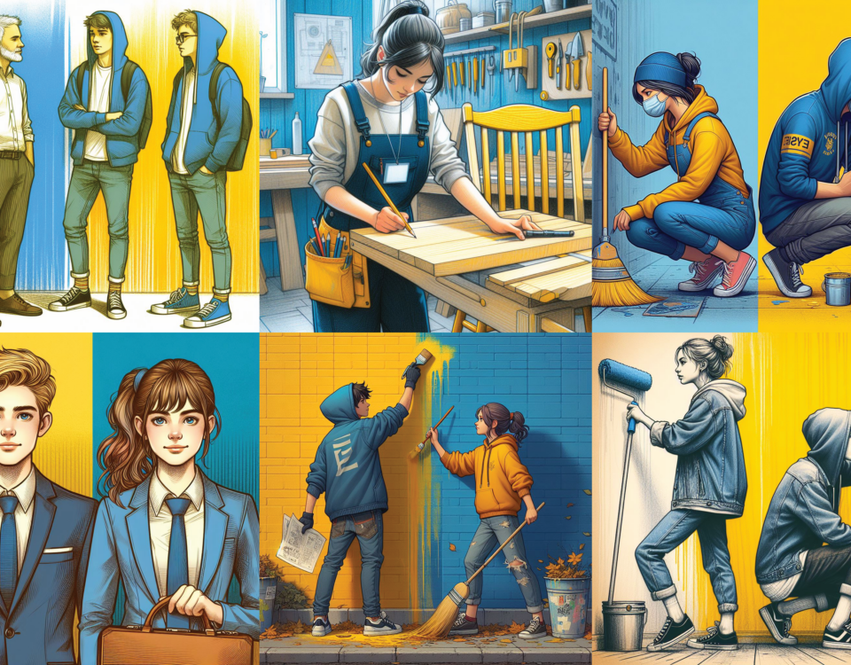 Illustration. Junge Menschen führen verschiedene Arbeiten wie Malern oder mit Holz arbeiten aus.